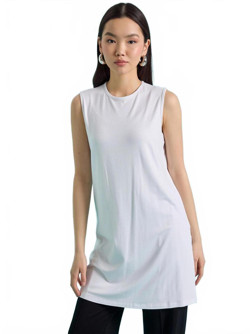 White Sleeveless Longline Tunic Top, Size - S